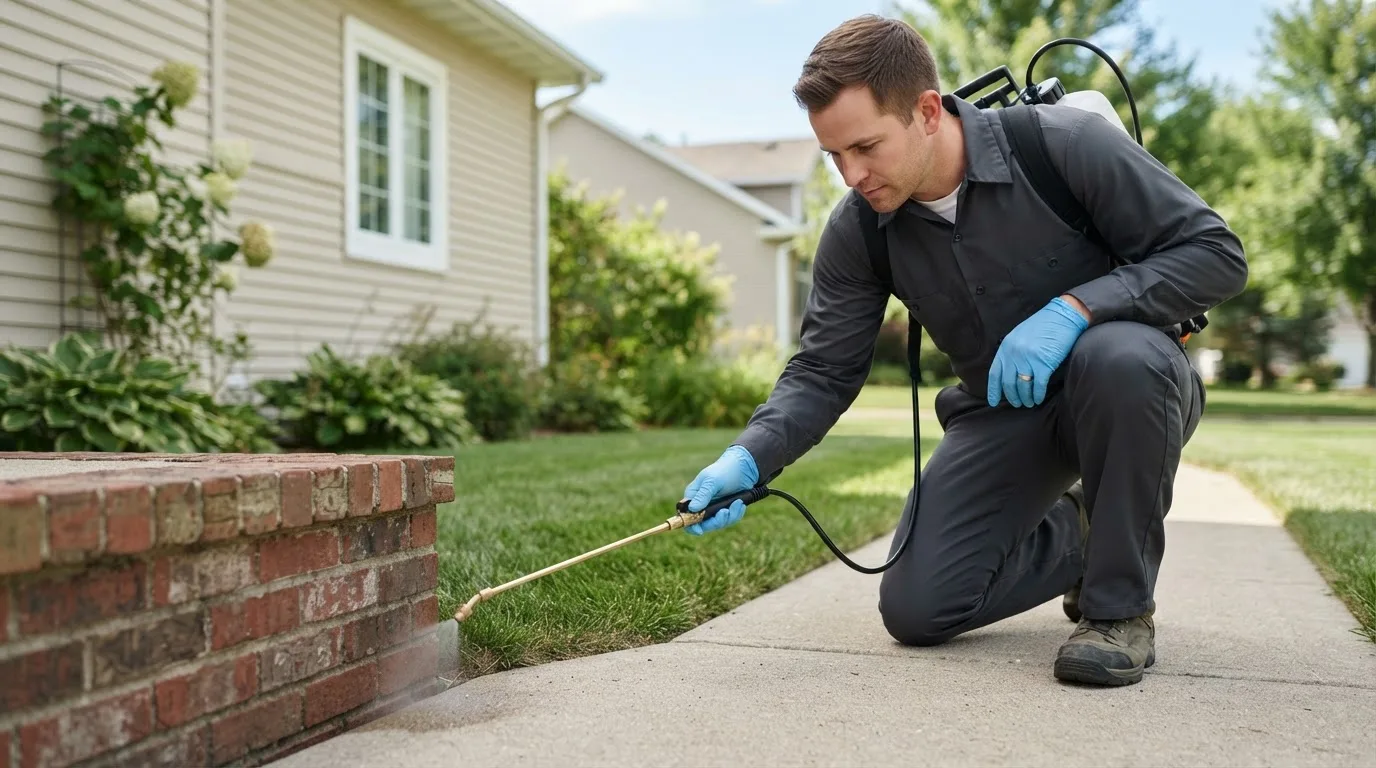 Pest control technician treating a home near Portersville, PA