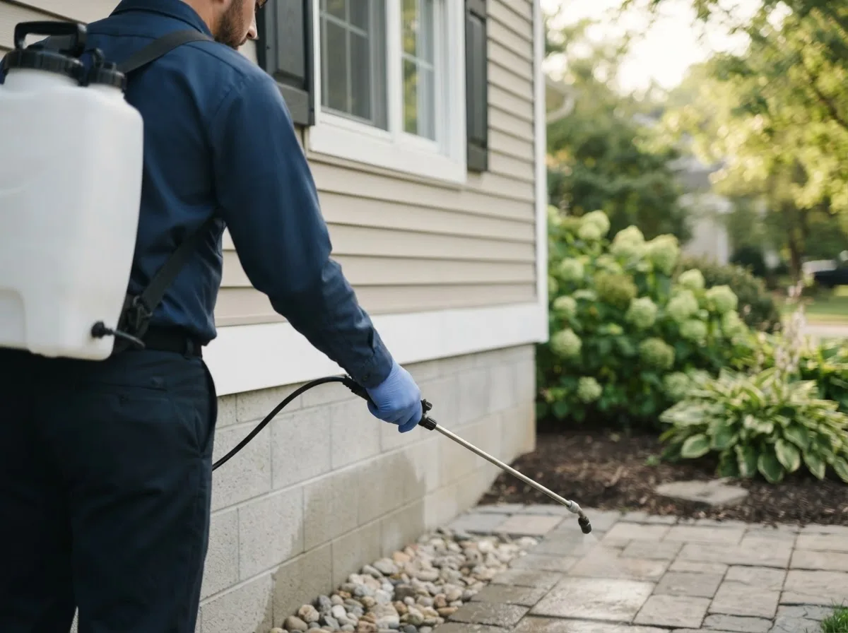 Pest control technician inspecting a home in Portersville, PA